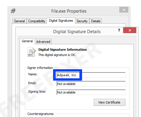 Screenshot of the Adpeak, Inc. certificate